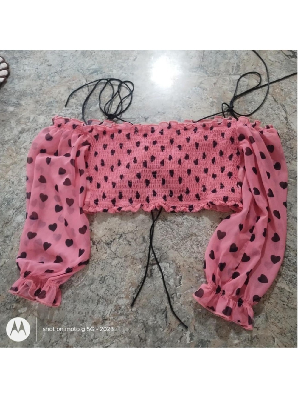 Pink Crop Top Black Hearts Bow Detail Size S - Picture 8 of 8